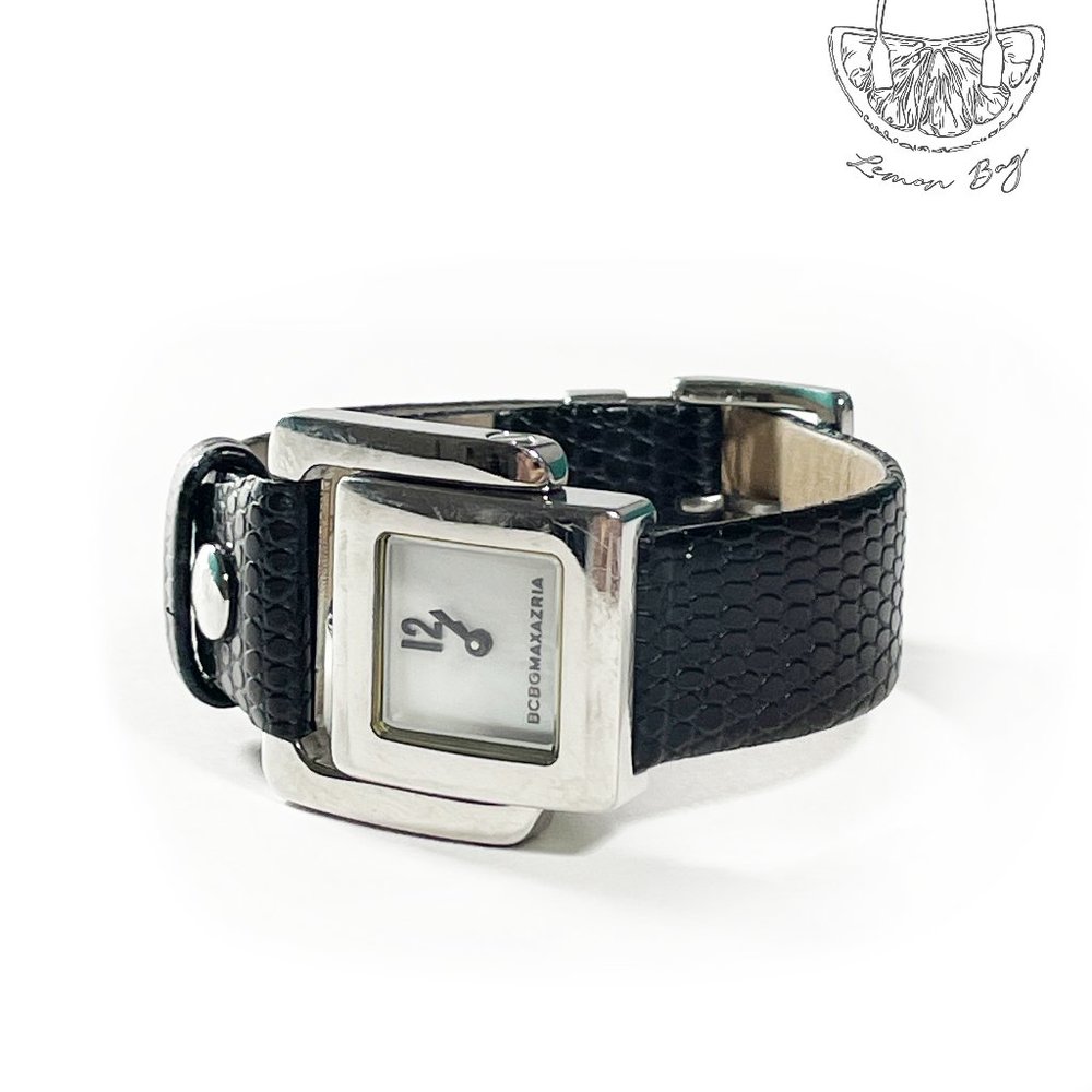 BCBGMaxAzria Mother Of Pearl Dial Stainless Steel Black Strap Watch